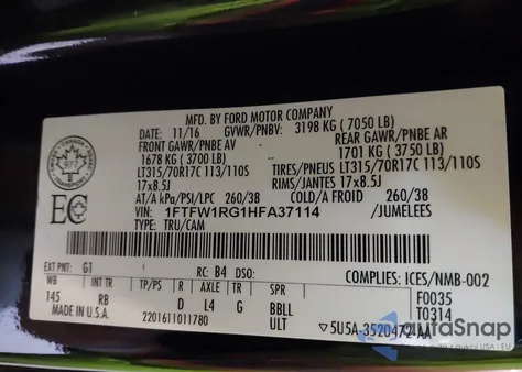 2017 Ford F-150 Raptor из США, поврежденный, VIN 1FTFW1RG1HFA37114